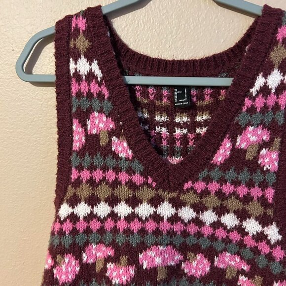 Brown and Pink Shroom Mushroom Forever 21 Soft Knot Sweater Vest Retro Style - Picture 4 of 8
